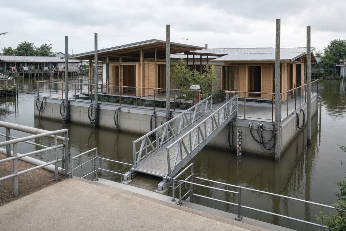 Amphibious timber courtyard house with a guarded hinged gangway during seasonal high water.