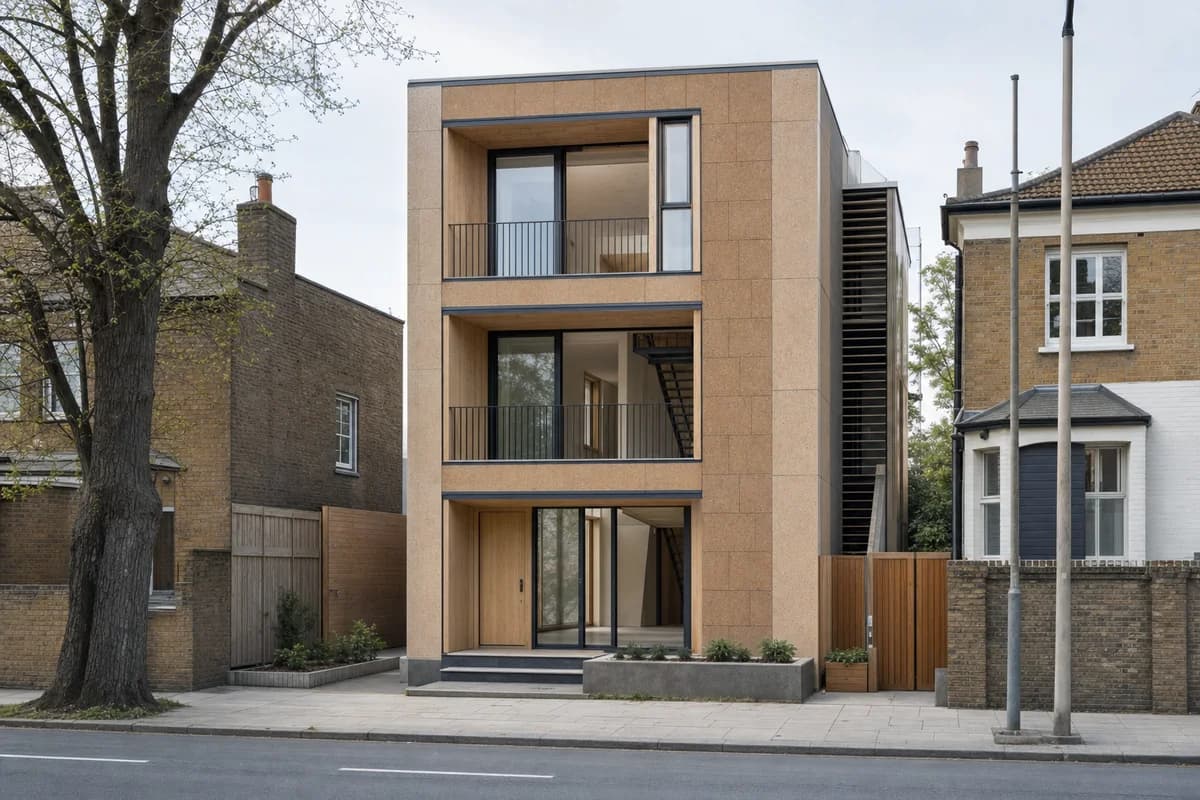 Timber infill house with straw-lime cassettes and cork rainscreen.