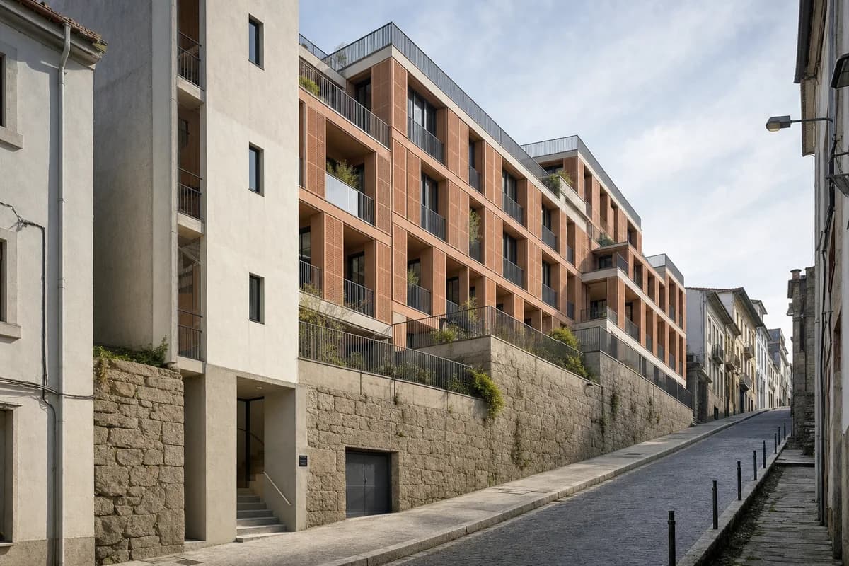 Stepped timber student residence rising along a granite-lined Porto street.