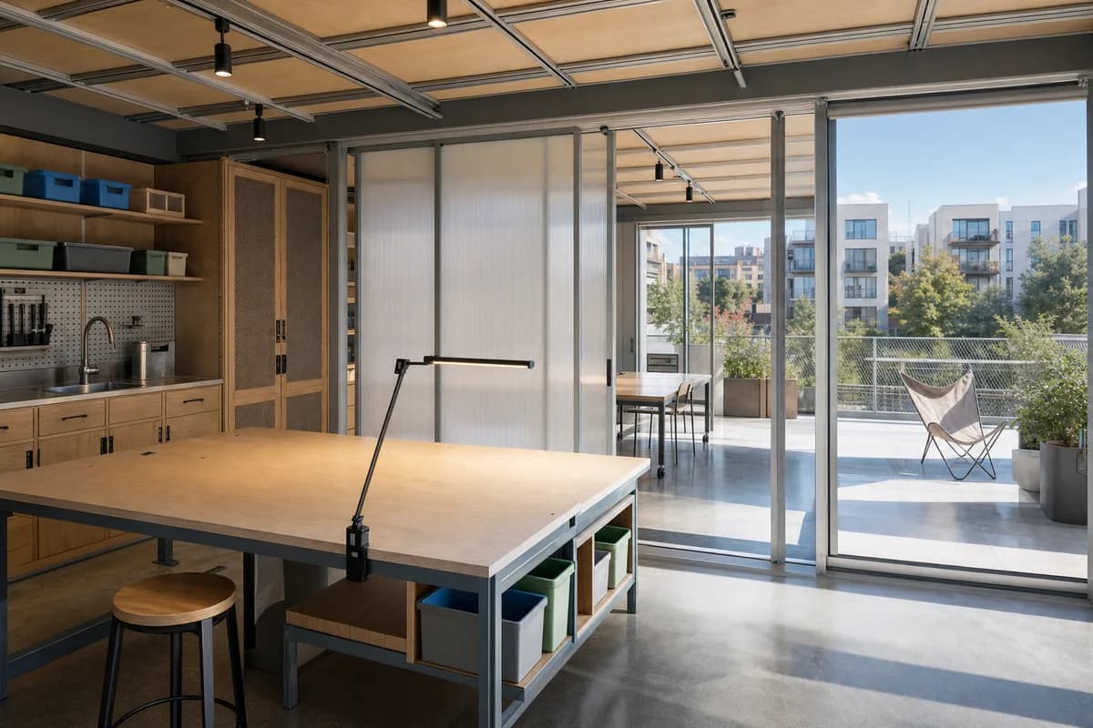 Unoccupied shared apartment project room with modular storage, sliding screens, and a bright terrace.