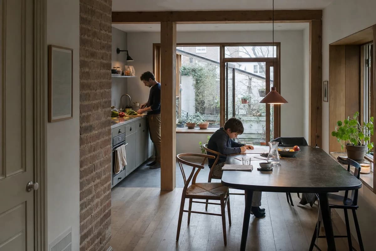 Timber and brick family kitchen with cool north light and everyday activity.