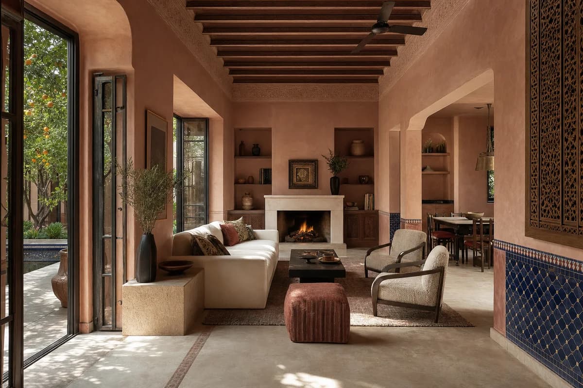Unoccupied colorful Marrakech garden salon with rose tadelakt, cobalt zellige, cedar screens, and warm daylight.
