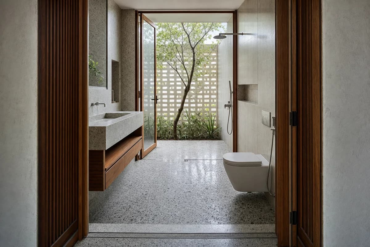 Breezeway Wash Court, house bathroom defined by a roofed wash space opening to a screened private court.