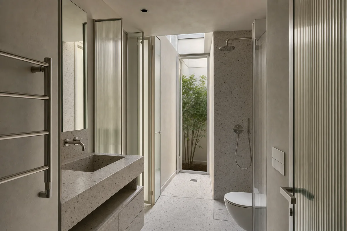 Lightwell Wet Room, apartment bathroom defined by a wet room wrapping a narrow ventilating lightwell.