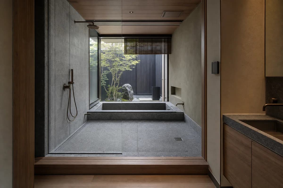 Stone-Threshold Bath, courtyard-house bathroom defined by a bathing zone stepping down beyond a dry timber threshold.