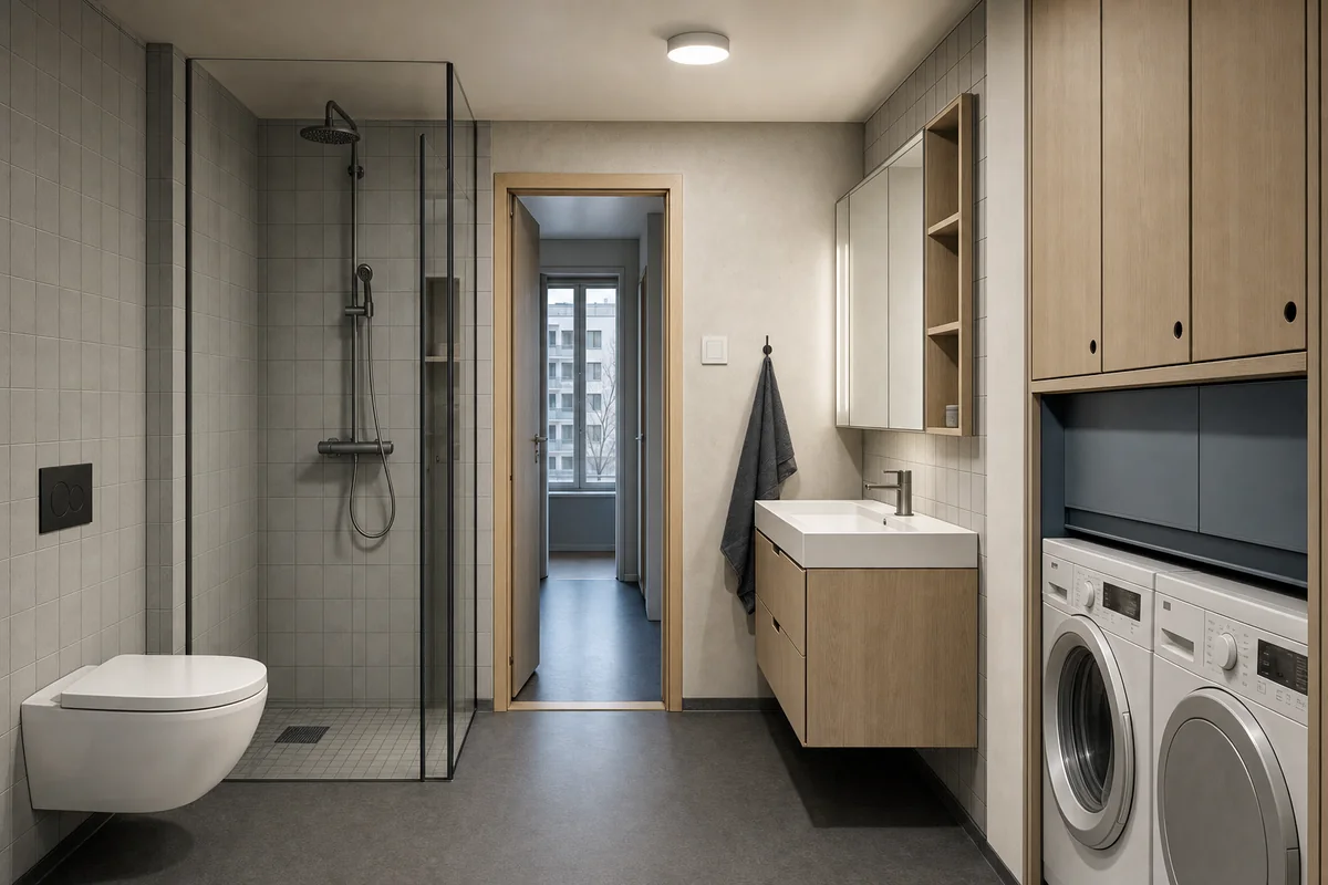 Winter Drying Bathroom, family apartment bathroom defined by a wet zone, drying cabinet, and laundry wall forming one service band.