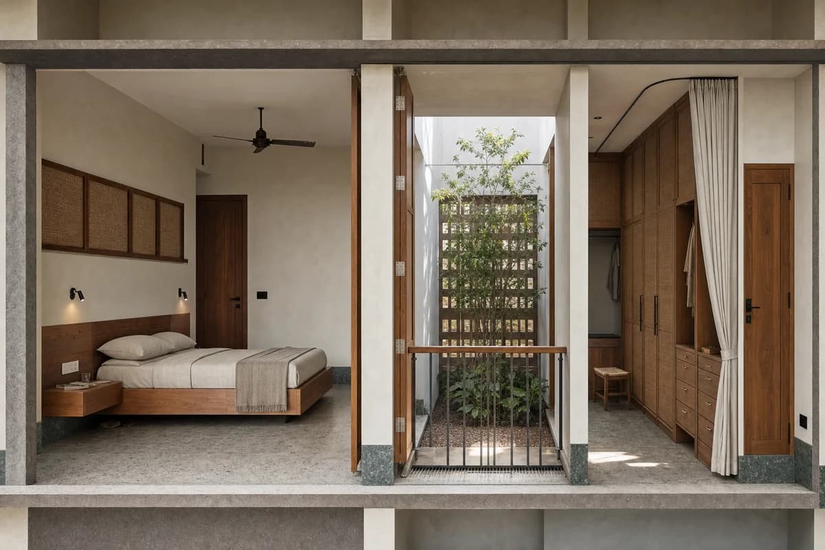 Breezeway Sleeping Suite, multigenerational bedroom suite organized by bedroom and dressing room flanking a shaded ventilation court.