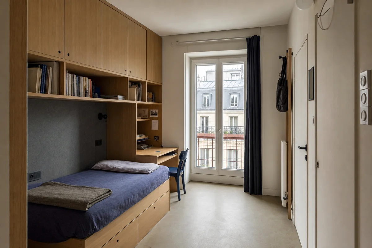 Sleeping Alcove Wall, compact apartment bedroom organized by bed, storage, and desk occupying one thickened wall.