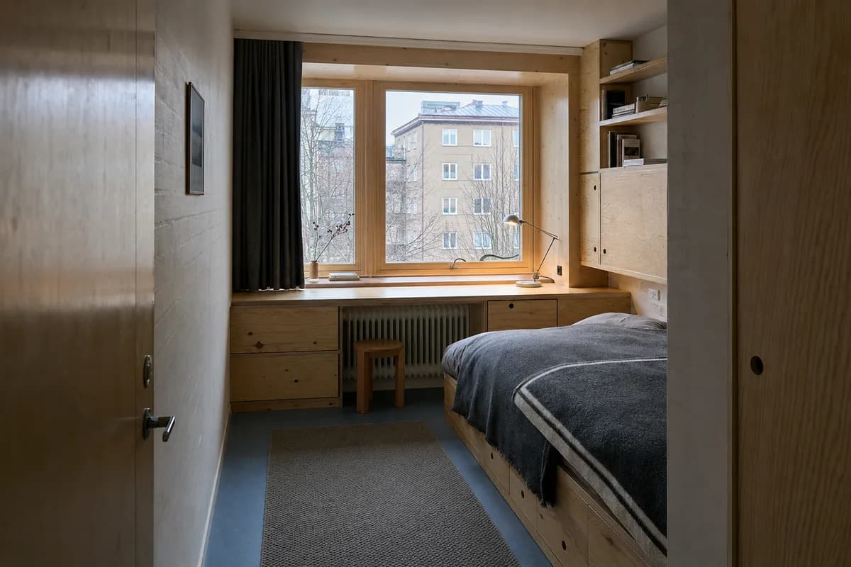 Winter Window Room, apartment bedroom organized by a deep window bay combining desk, radiator cover, and storage.