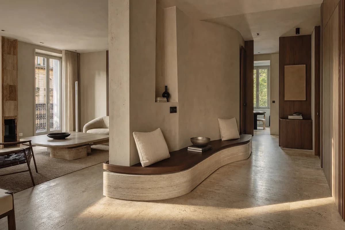 Crescent Bench Room, furniture shaping apartment salon with a curved bench.