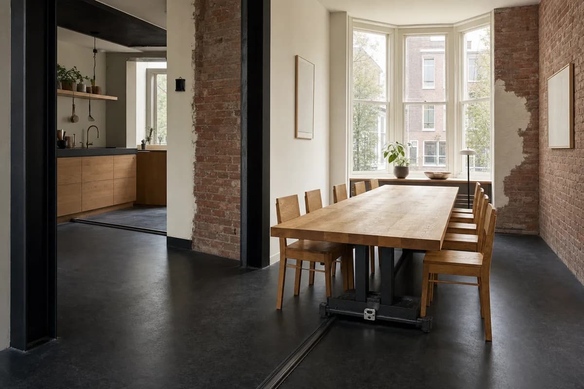 Docking Table Hall, furniture shaping family dining hall with a rail-mounted sliding table.