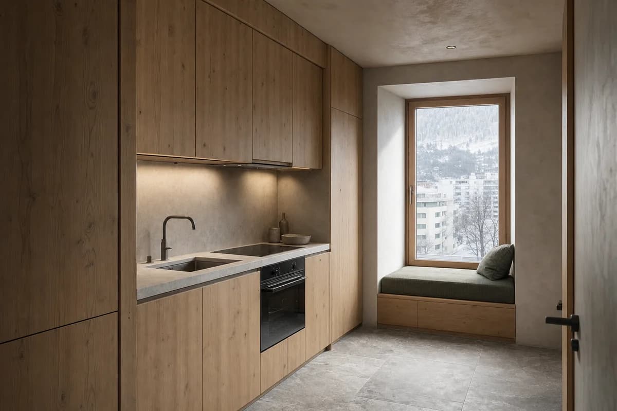 Alpine Wall Kitchen, compact mountain apartment kitchen shaped by a full-height storage wall folding around a deep window seat.