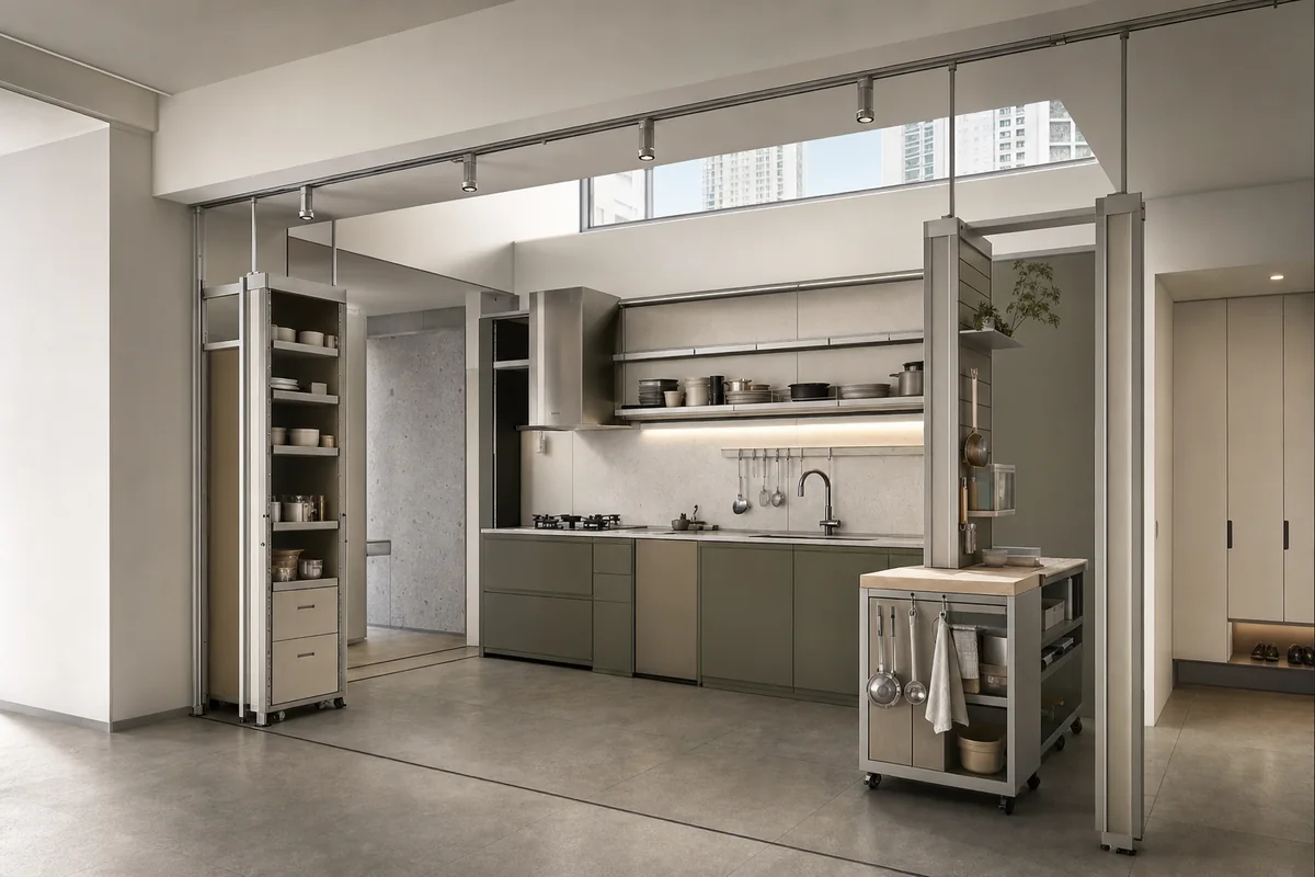 Ceiling-Rail Kitchen, adaptable apartment kitchen shaped by movable storage and task lighting aligned to a fixed ceiling rail.