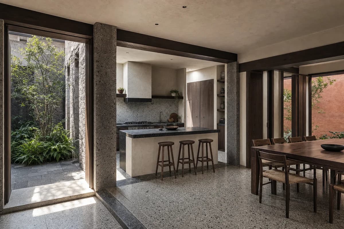 Courtyard Hinge, family kitchen and dining room shaped by a kitchen bridge joining two rooms around a planted court.