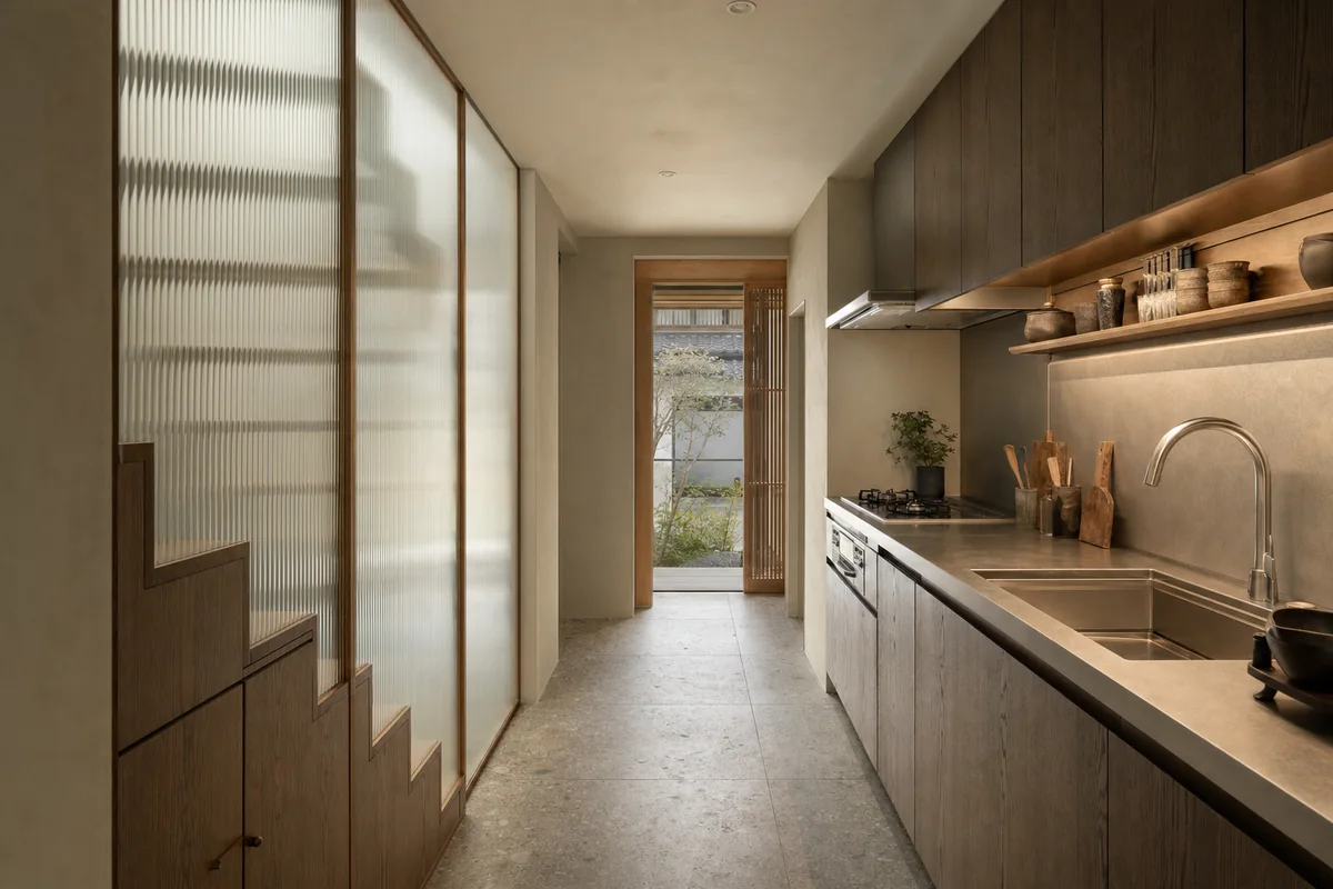 Lantern Galley, narrow townhouse kitchen shaped by one full-length galley service wall facing a translucent stair enclosure across a consistent 1.1-meter working aisle, with the stair landing and stringer terminating before the sink and cooktop zone.
