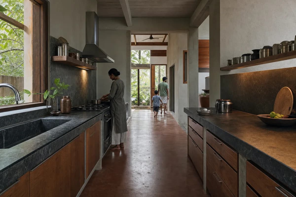 Tidal Breezeway Kitchen, coastal house kitchen shaped by parallel counters framing a cross-ventilated breezeway.