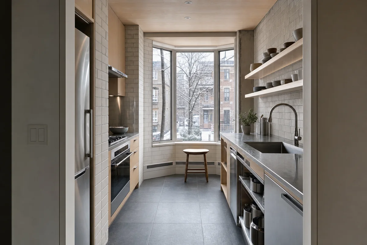 Winter Service Hearth, apartment kitchen shaped by a service core opening toward a deeply insulated winter bay.