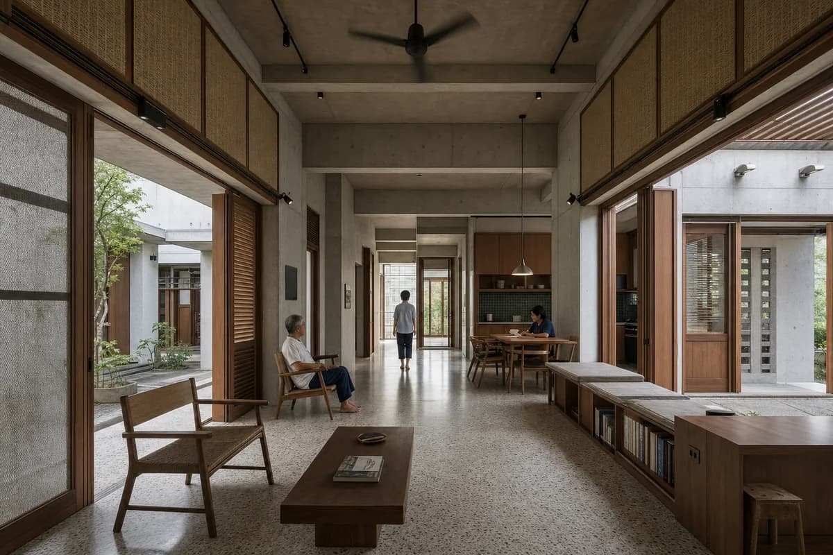 Breezeway Commons, multigenerational living hall organized by a porous hall linking shaded courts through cross ventilation.