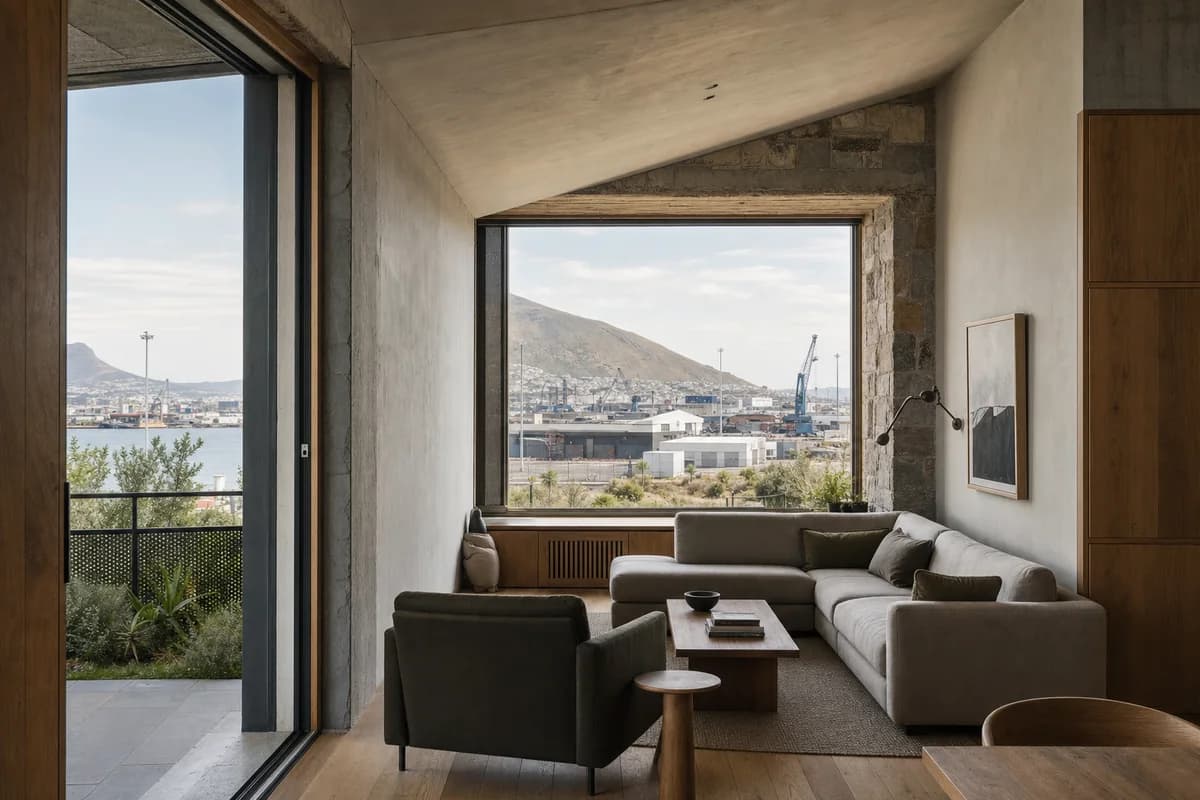 Harbor Window Hall, apartment living room organized by a deep local-masonry reveal and angled ceiling framing drought-tolerant coastal planting and restrained distant working-harbor fabric.