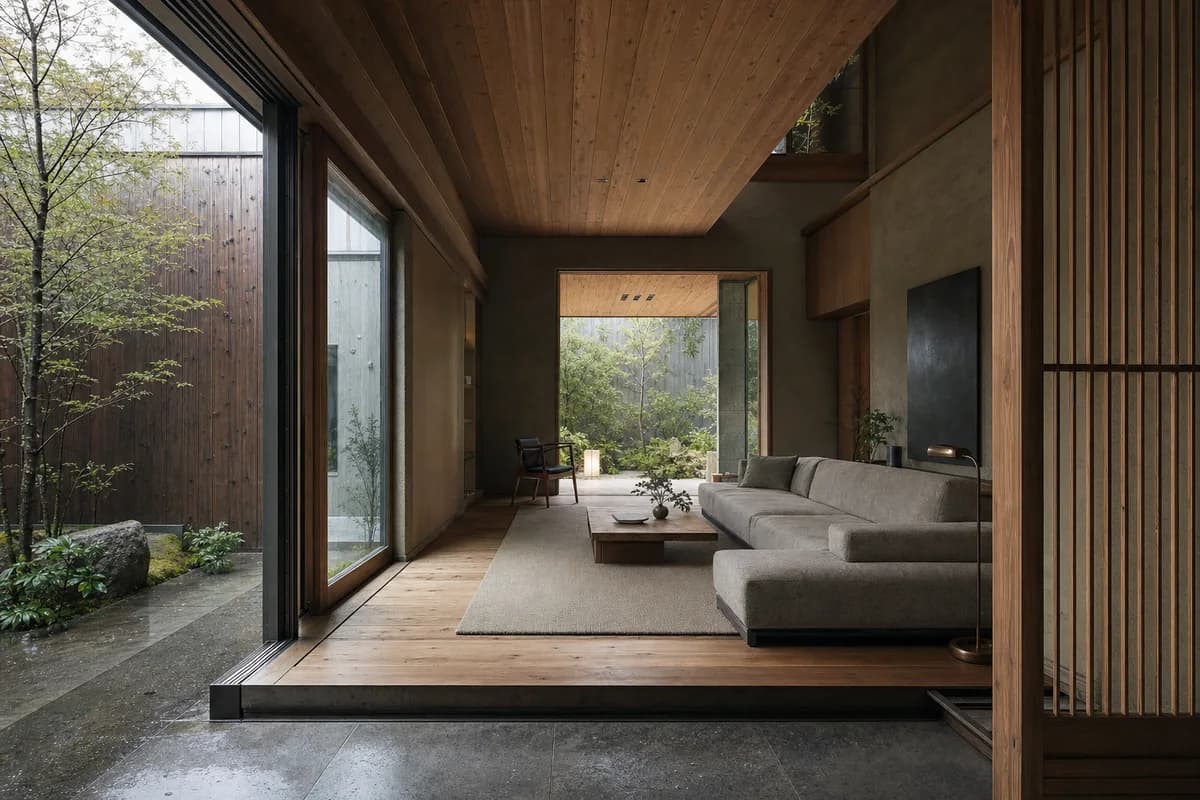 Rain-Court Living Room, courtyard dwelling living room organized by a living floor floating between a rain court and sheltered garden.