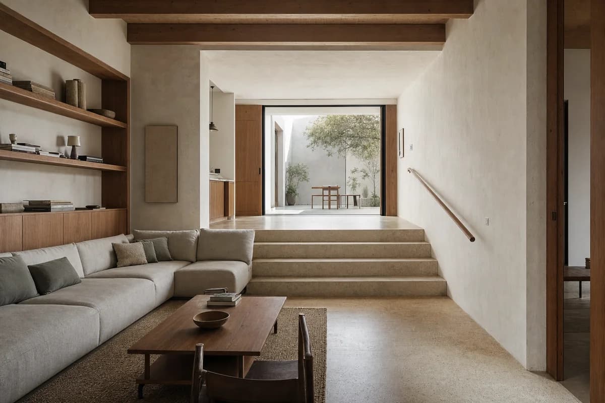 Stepped Court Salon, family living room organized by a stepped floor with one clear four-riser change following the terrain toward a sheltered court.