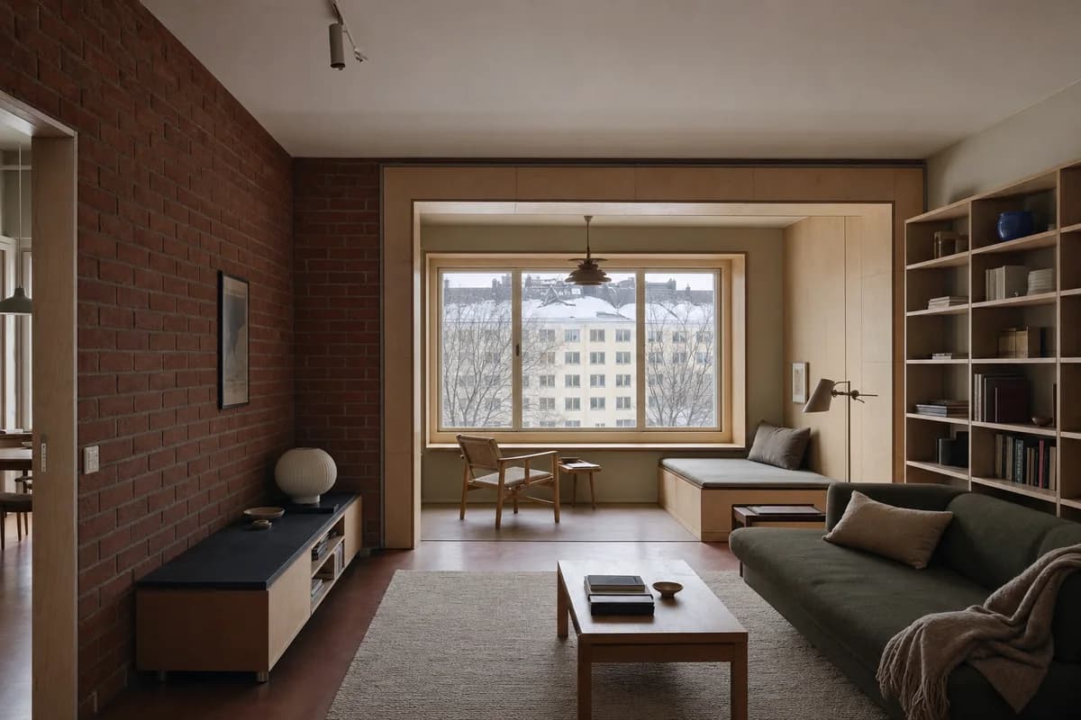 Winter Bay Living Room, apartment living room organized by a deep insulated window bay forming a secondary room.