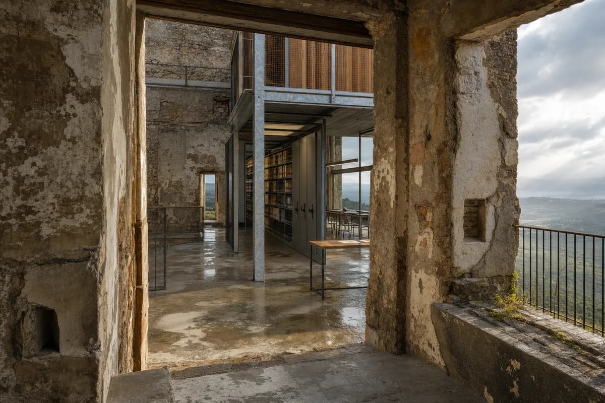 Weathered masonry archive with a reversible timber and steel insertion