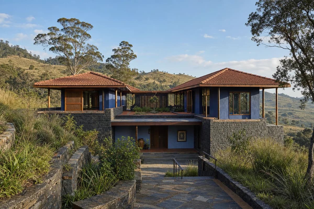 Unoccupied colorful Nilgiri courtyard home with indigo plaster, granite, and terracotta tile in warm morning light