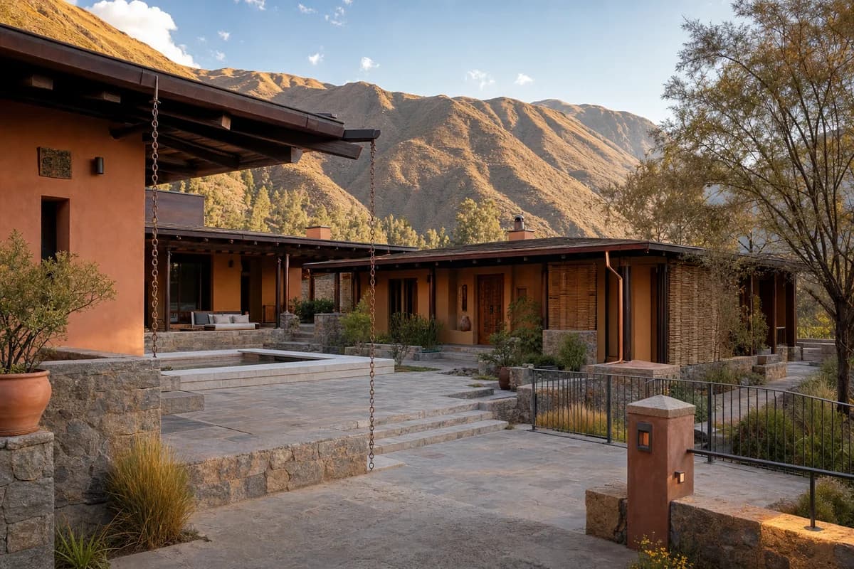 Unoccupied colorful Sacred Valley retreat with andesite, muted clay plaster, and warm golden-hour courtyard light