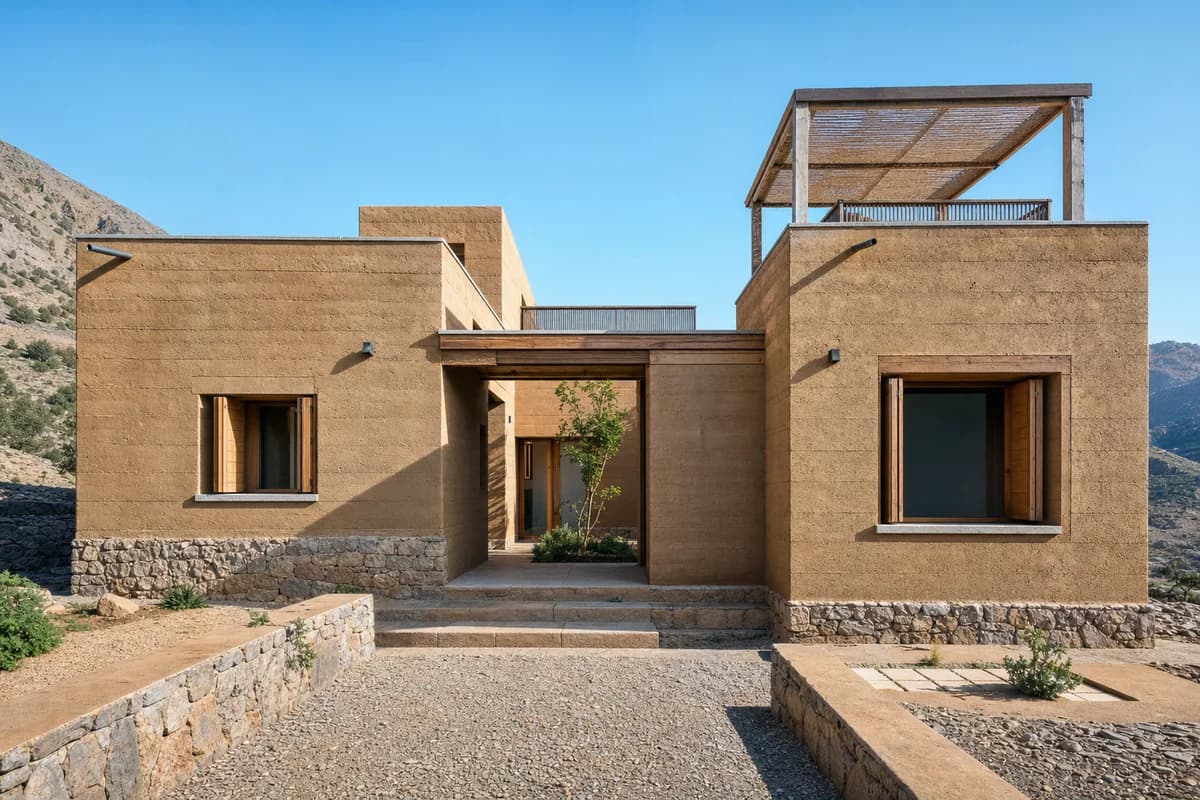 Bright sunny Atlas courtyard house beneath a clear blue sky with warm direct sunlight and crisp shadows on thick earth walls