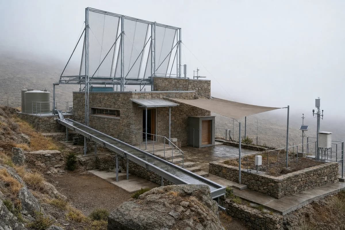 Steel atmospheric-water frames and stone rooms in upland dawn fog.