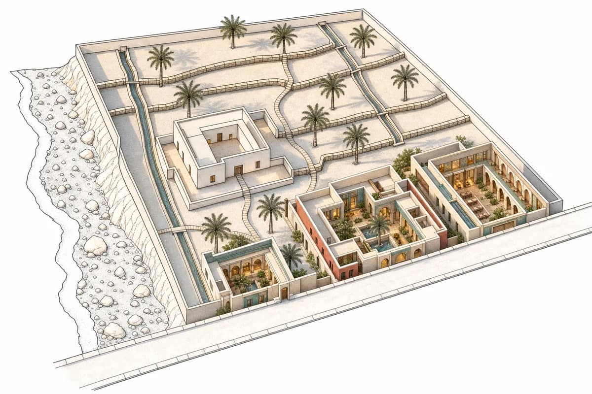 Colorful Muscat research campus with sea-green courts and turquoise ceramic preserving the oasis site exactly