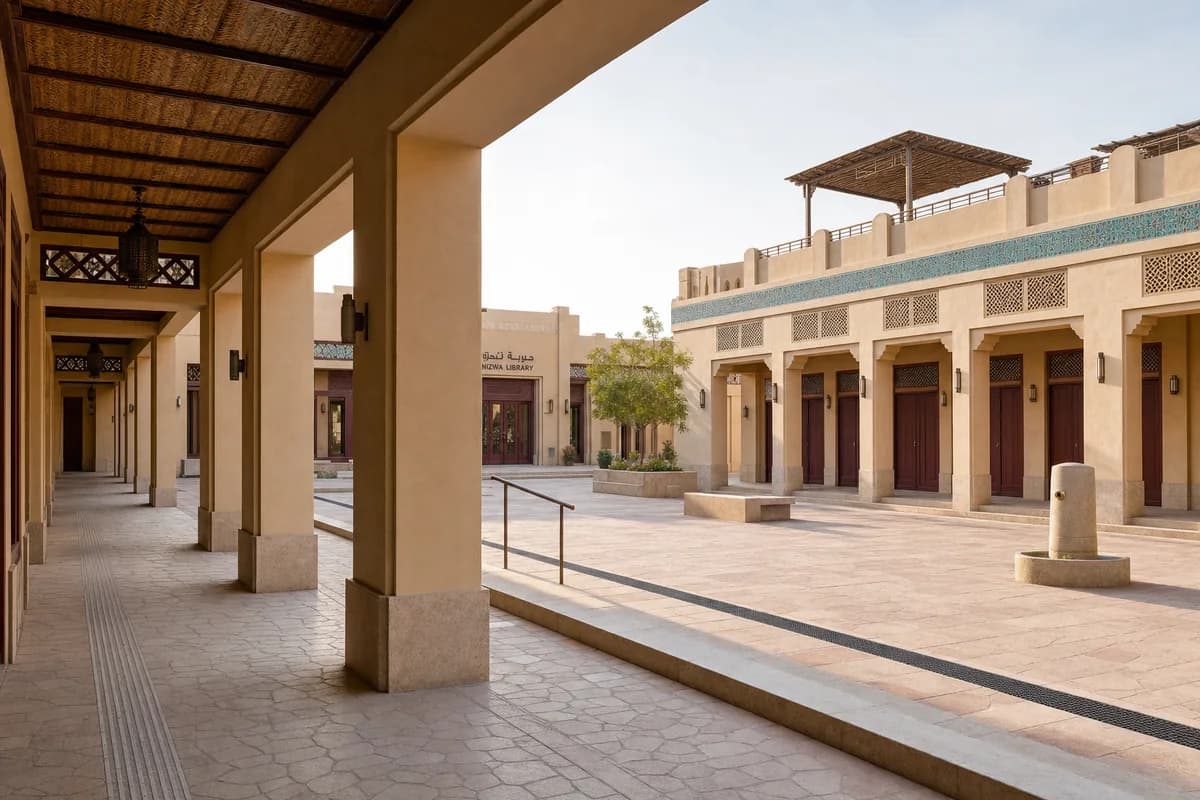 Unoccupied colorful Nizwa market square with warm plaster, turquoise tile, date-red doors, and shaded arcades.