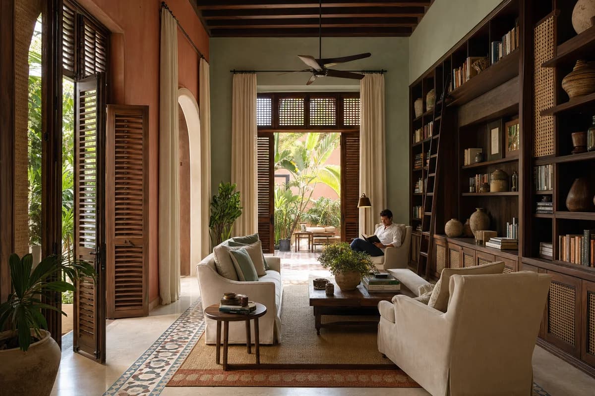 One person reads in a warm colorful Cartagena veranda library with coral plaster, cane screens, and a planted courtyard.