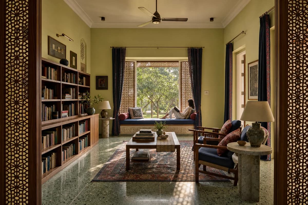 One person relaxes in a warm colorful Lucknow reading salon with carved timber screens, indigo textiles, and garden light.