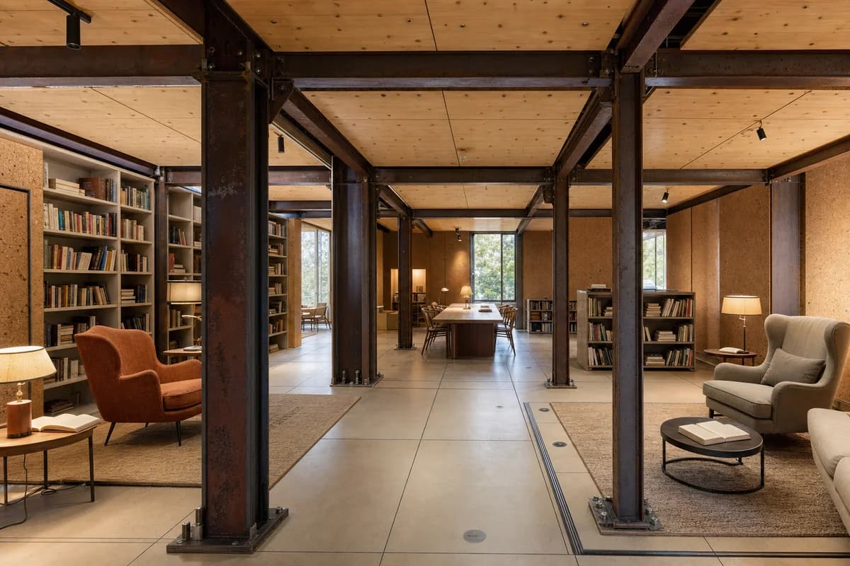 An unoccupied modular reading salon of reclaimed steel, timber, and cork.