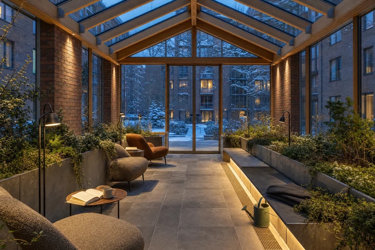 An unoccupied planted winter conservatory surrounded by snow.