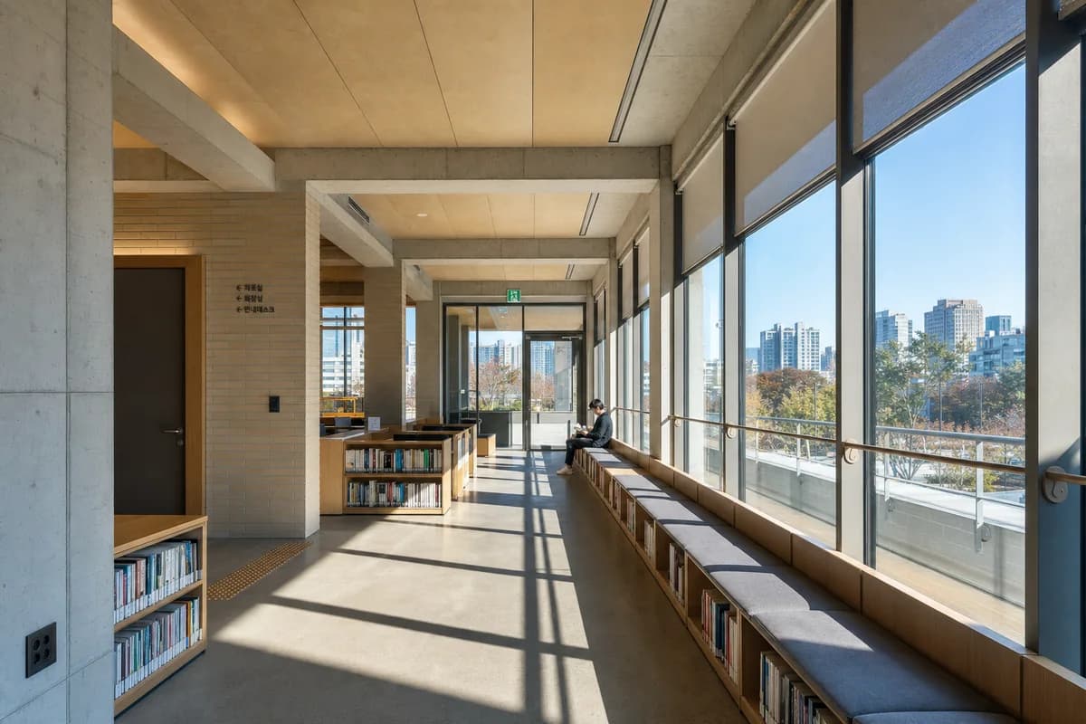One reader sits in a bright Seoul civic lounge as warm sunlight streams through glazing beneath a clear blue sky.
