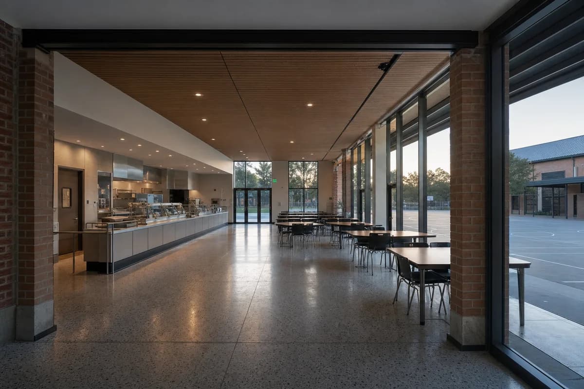 Timber-ceiling school breakfast commons prepared in cool dawn light.