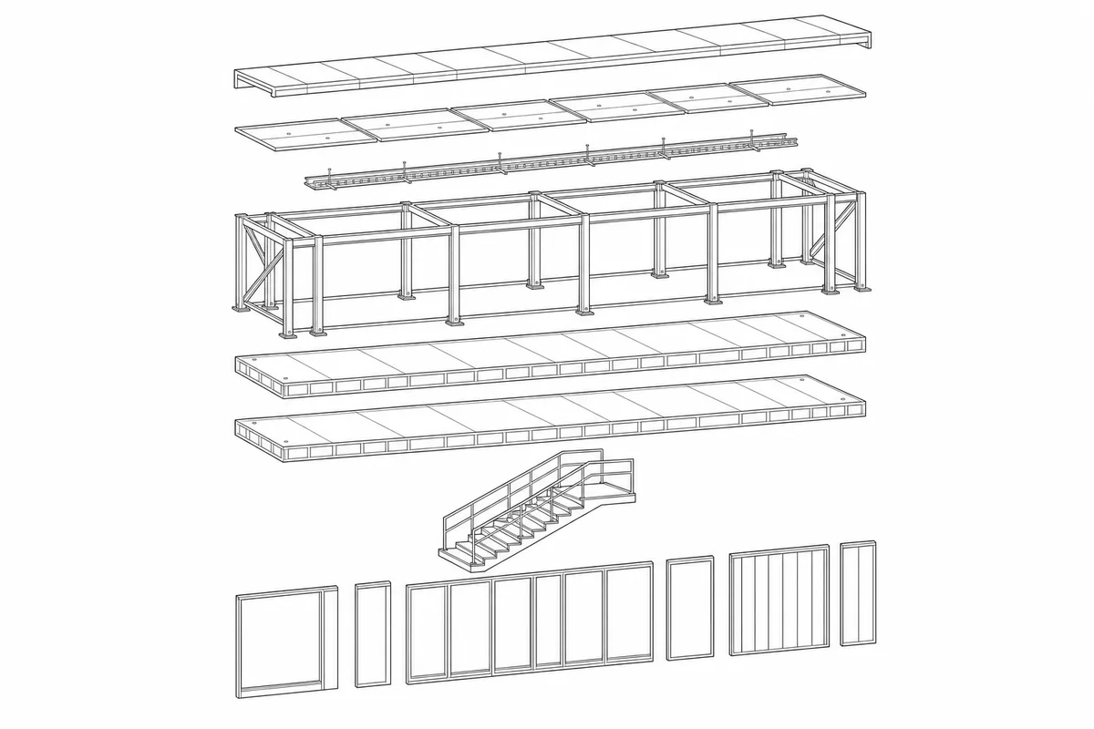 Neutral exploded axonometric of a demountable transit-concourse bay