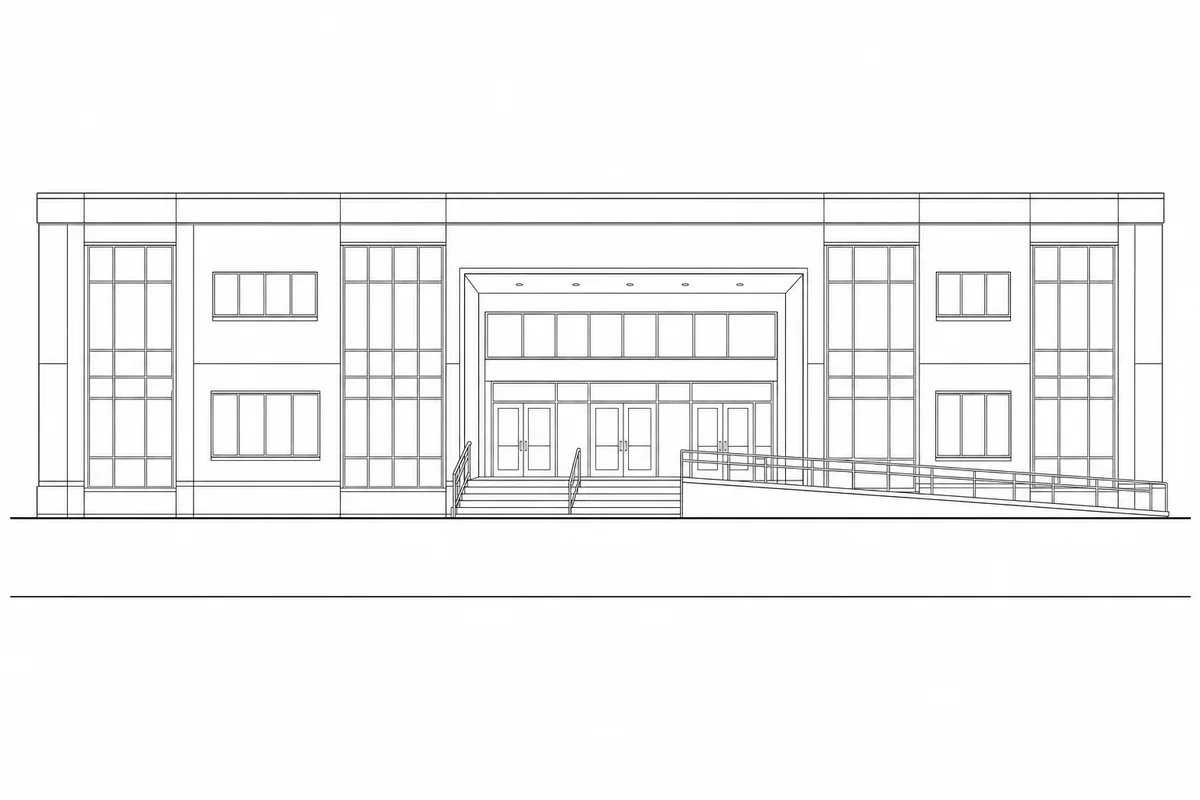 Neutral black-line elevation of a two-storey neighborhood aquatic center