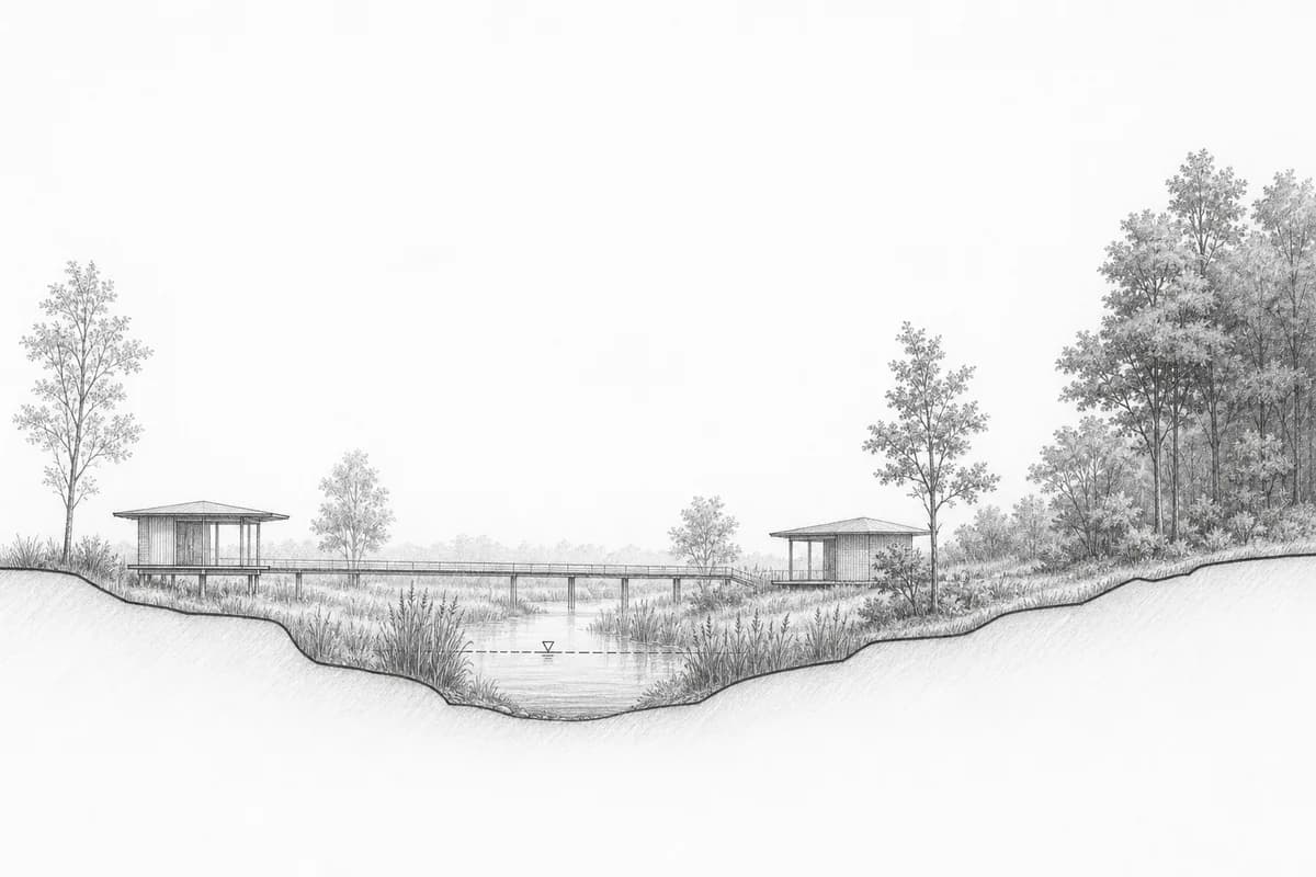 Fictional neutral pencil site section through a wetland visitor center