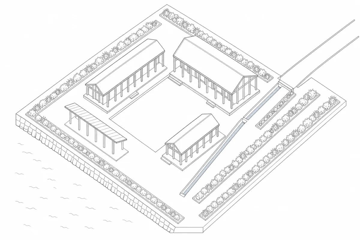 Neutral axonometric of three waterside arts pavilions around a court
