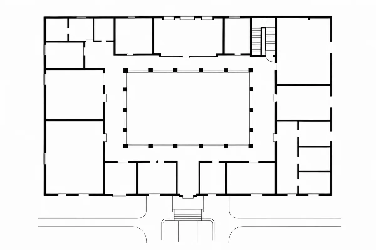 Fictional neutral floor plan of a courtyard community hall