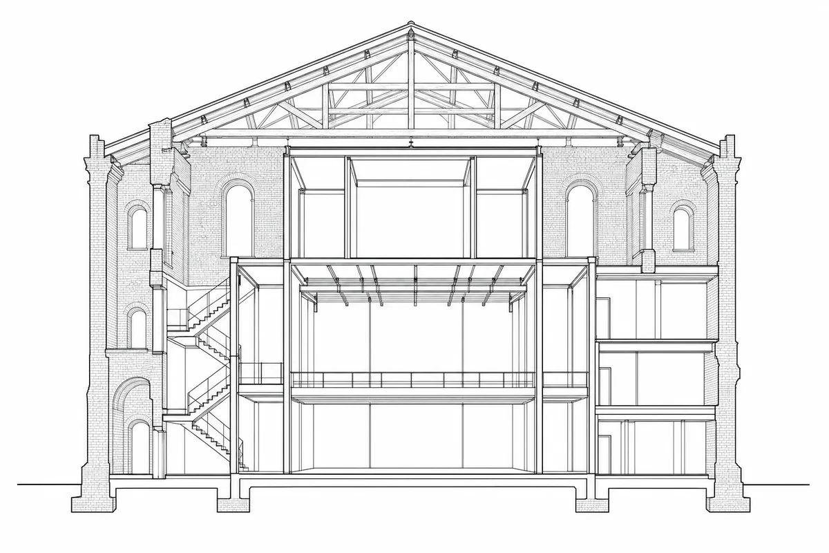 Neutral architectural section through an old masonry hall with a theater insertion