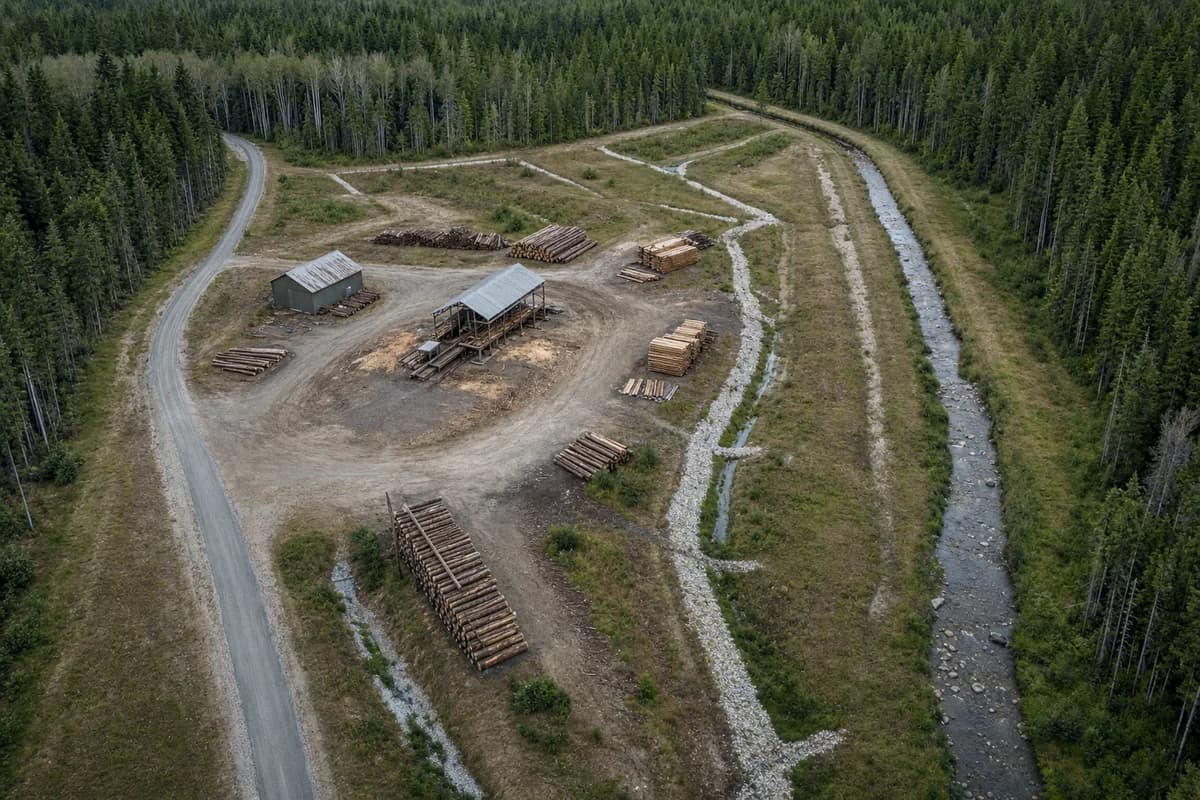 Fictional neutral oblique aerial of a sawmill clearing