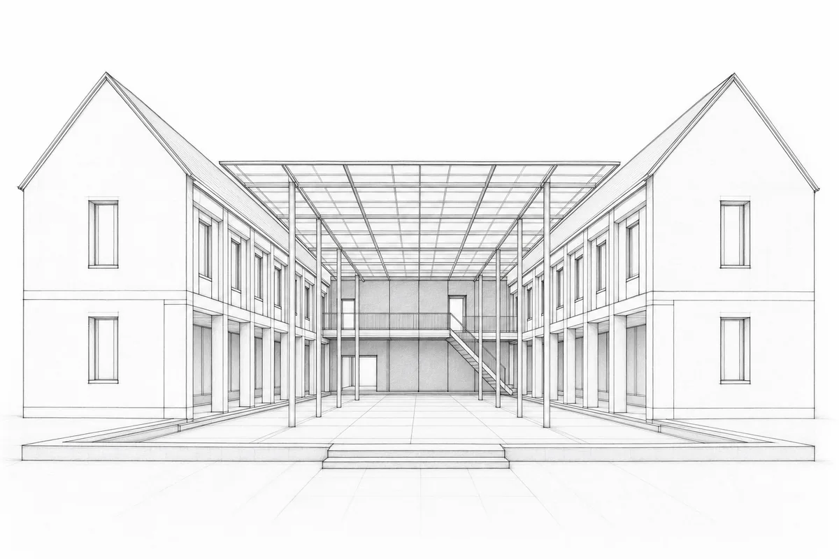 Neutral pencil perspective of a two-storey courtyard library with a glazed canopy