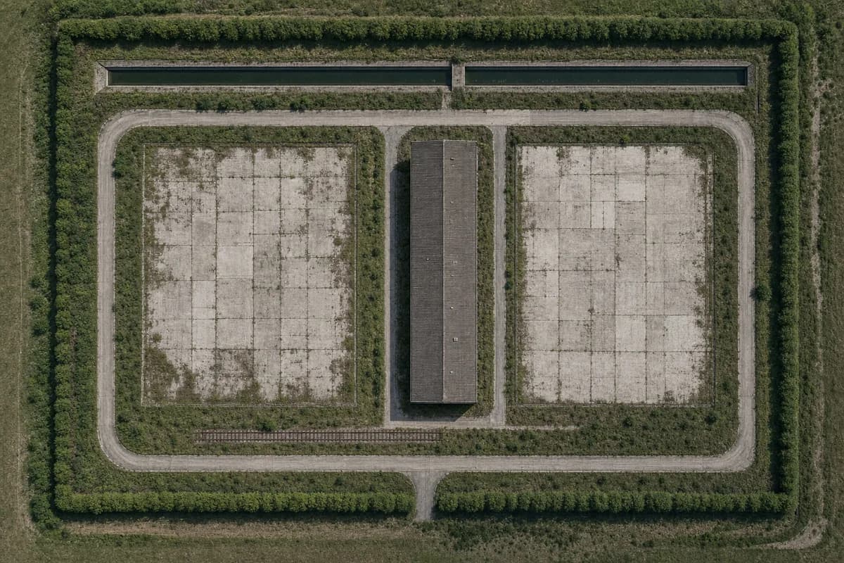 Neutral top-down site image of vacant slabs beside a long utility hall