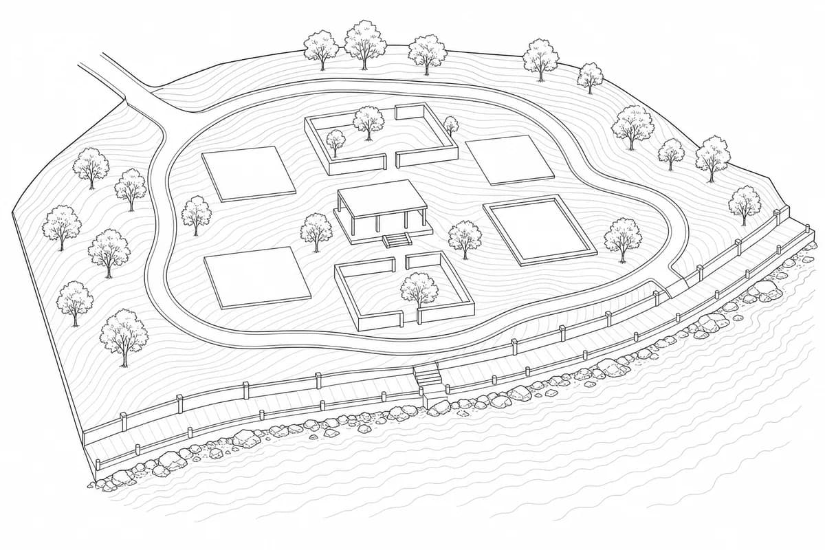 Neutral oblique aerial site-plan of a coastal parcel with four vacant building pads