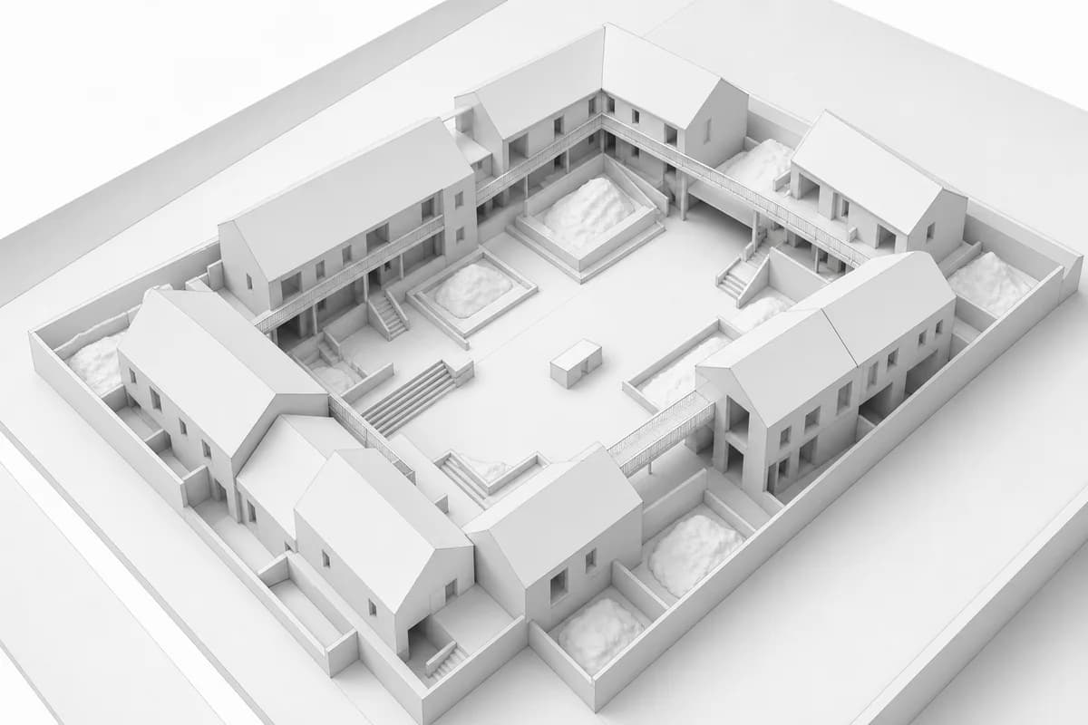 Fictional neutral white-card massing model of courtyard housing